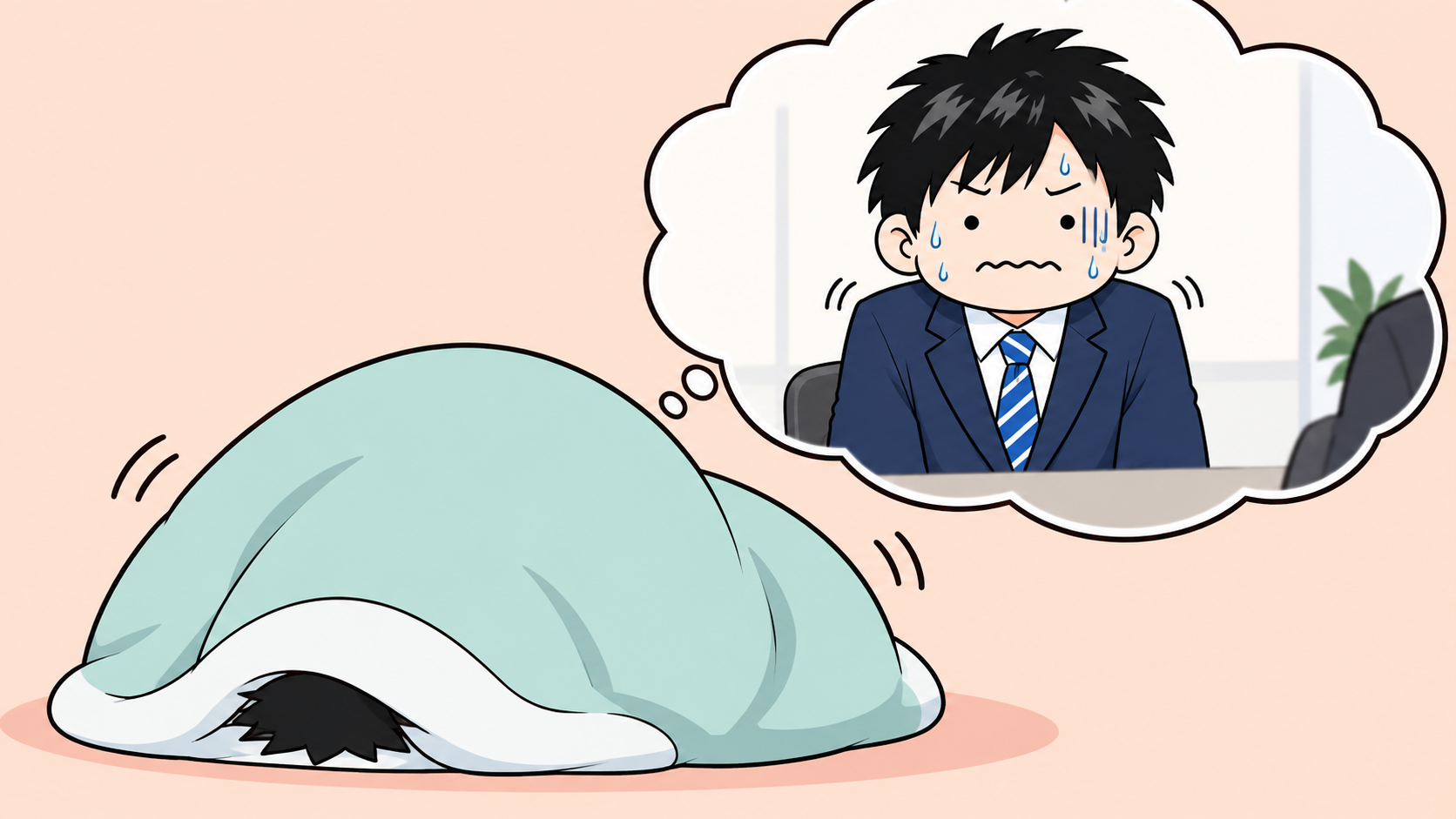 布団にくるまって面接を思い出すシュウ
