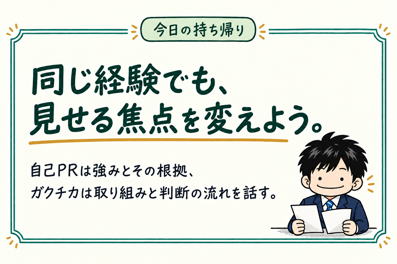 今日の持ち帰り：同じ経験でも、見せる焦点を変えよう。自己PRは強みとその根拠、ガクチカは取り組みと判断の流れを話す。