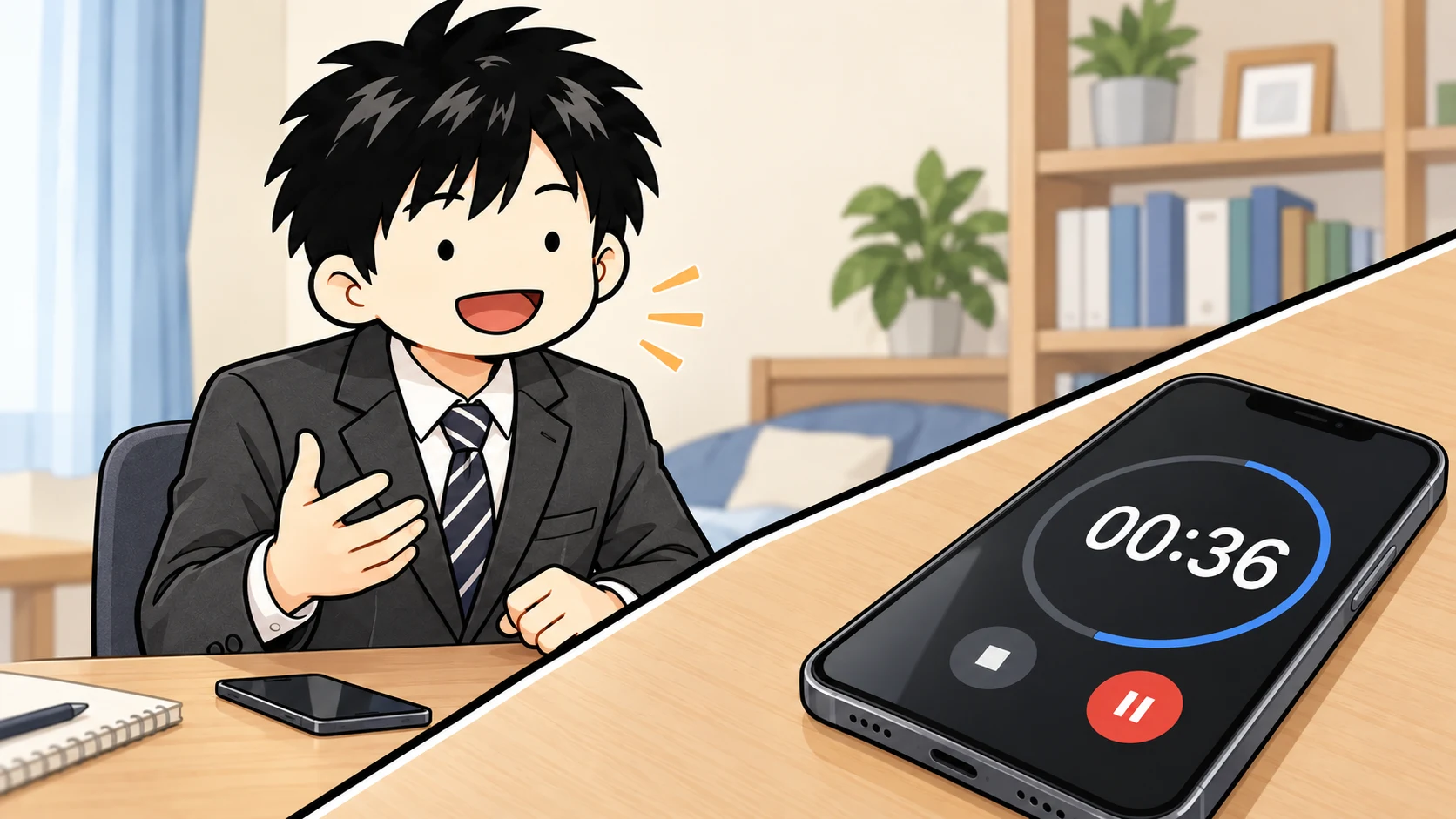 面接練習をするシュウと、00:36を表示するテーブル上のスマホのストップウォッチ