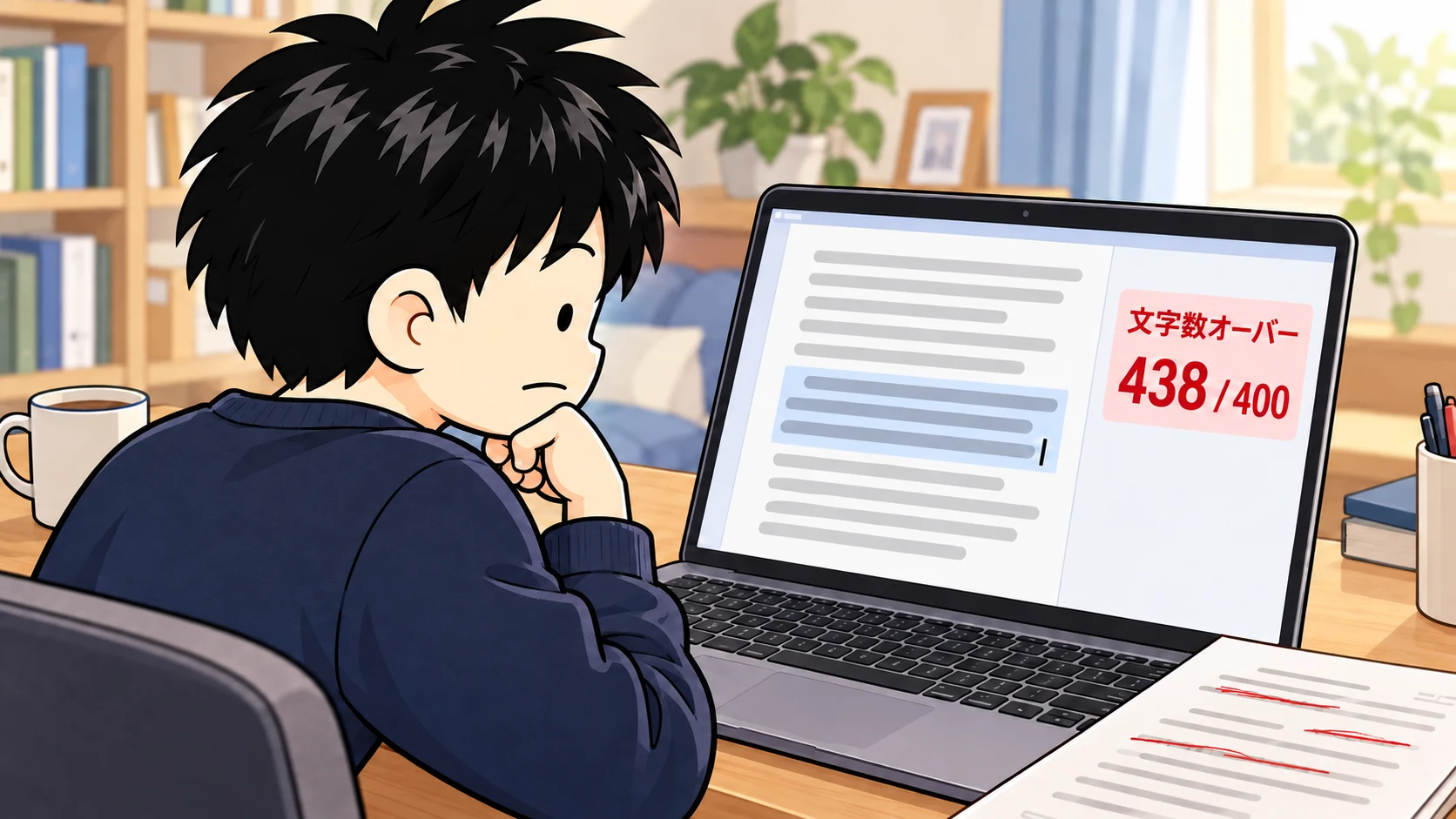 自宅でESを削るシュウ。ノートPCに赤い「438 / 400」、長い文章のどこを削るか考えている。