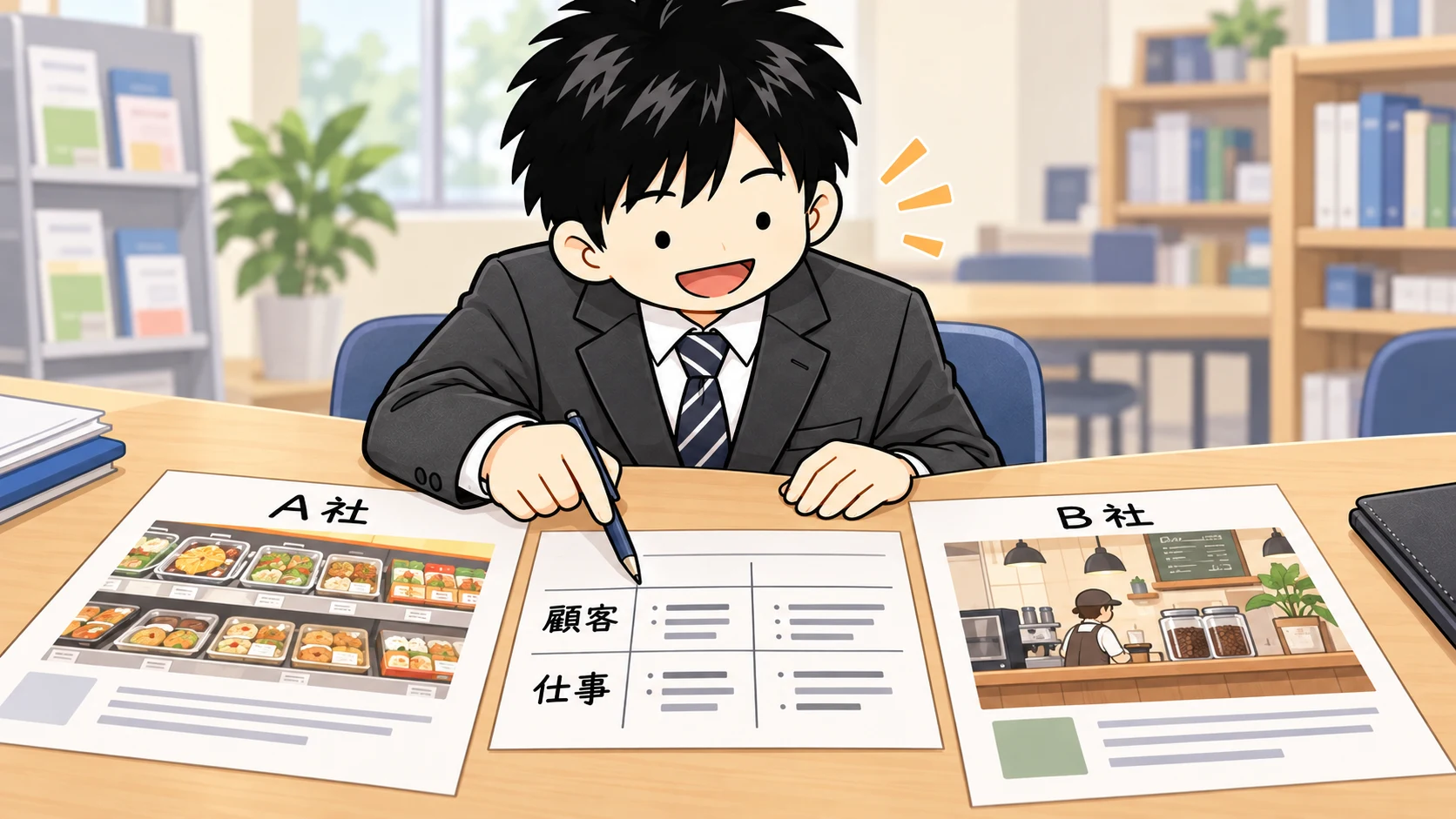 架空のA社・B社の資料を同じ項目で見比べる。会社の大きさではなく、顧客と仕事の違いを見る構図。