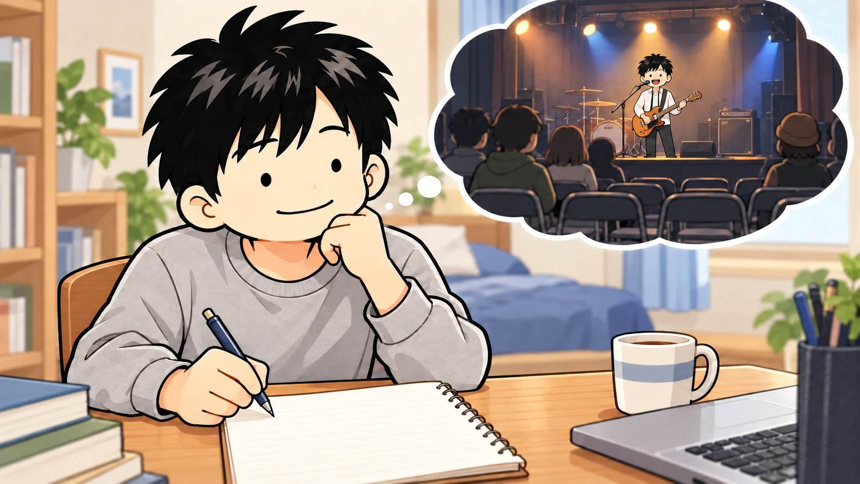 届かなかったライブの集客を振り返り、次の行動をノートに書くシュウ。回想には空席も残る客席。
