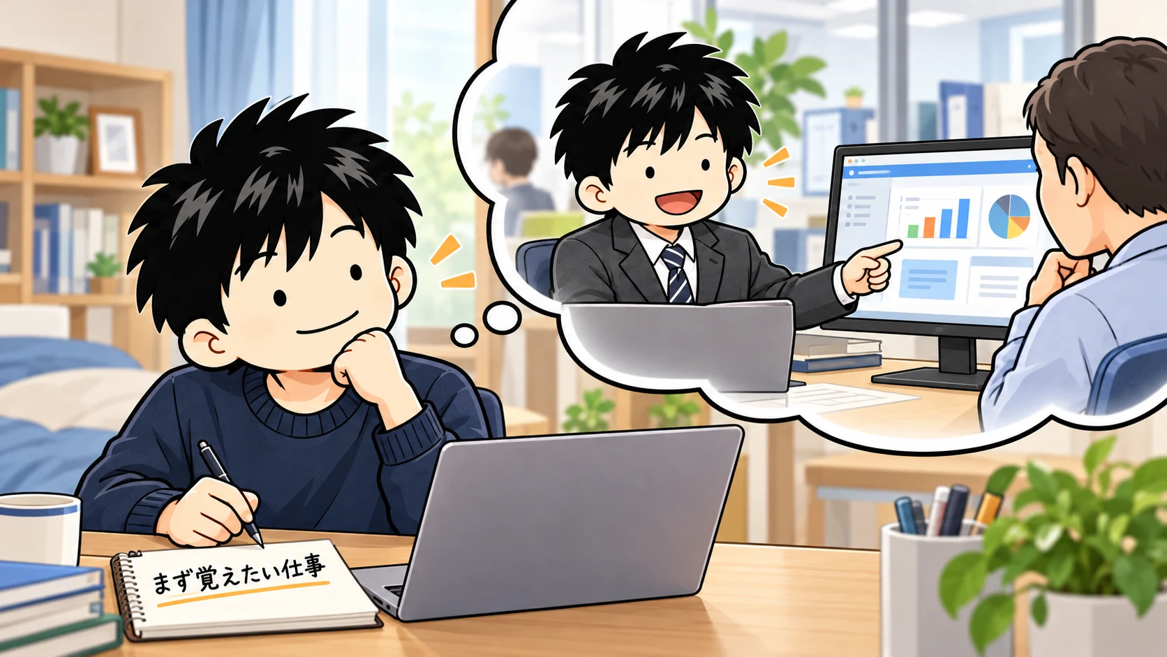 遠い役職ではなく、まず覚えたい仕事を考える。PCを見るシュウの想像に、顧客へソフトの使い方を説明する自分。